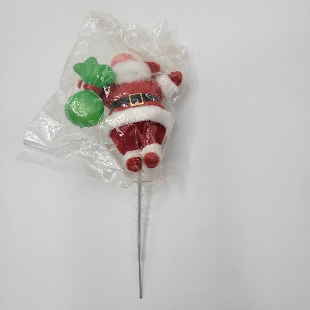 Vtg Flocked Santa Claus on Stick Flower Cake Decoration Hong Kong 4" - Picture 2 of 6